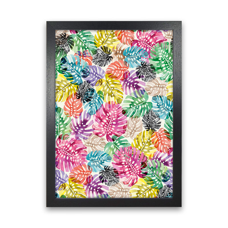 Tropical Monstera Leaves Multicolored Abstract Art Print by Ninola Design Black Grain