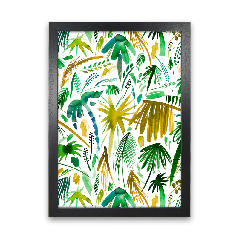 Brushstrokes Tropical Palms Green Abstract Art Print by Ninola Design Black Grain