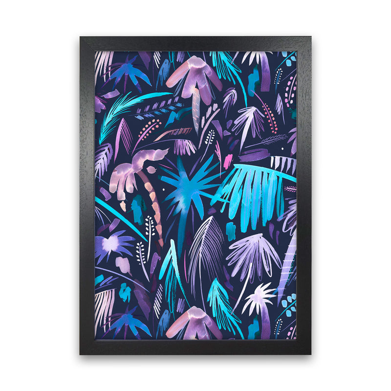 Brushstrokes Tropical Palms Navy Abstract Art Print by Ninola Design Black Grain