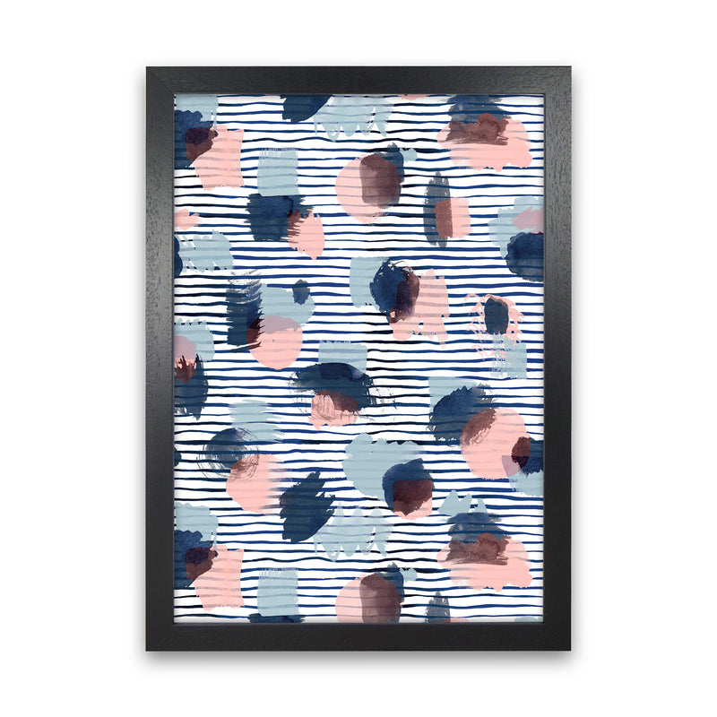 Watercolor Stains Stripes Navy Abstract Art Print by Ninola Design Black Grain