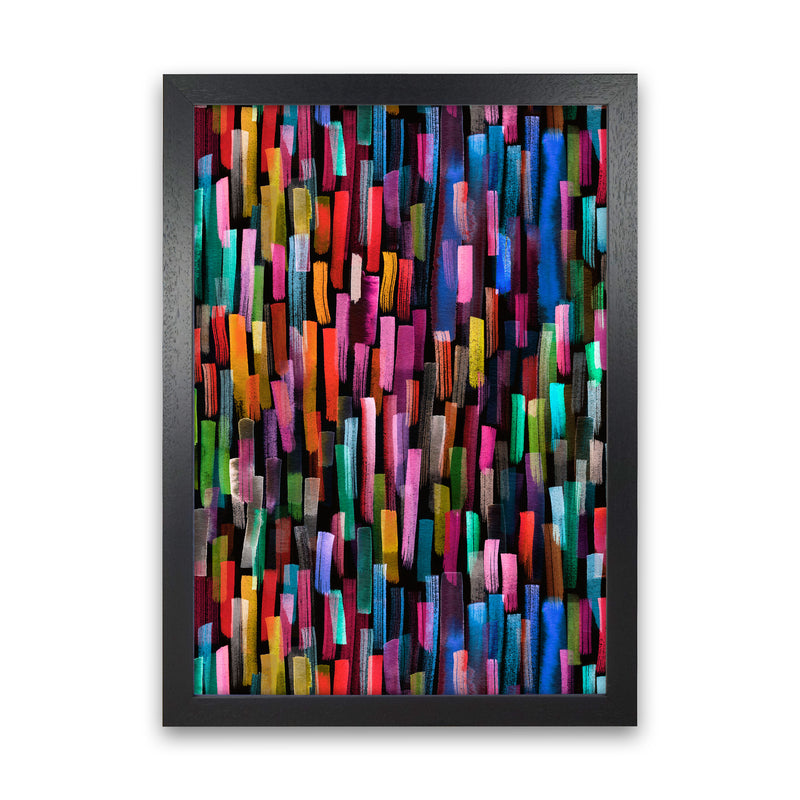 Colorful Brushstrokes Black Abstract Art Print by Ninola Design Black Grain