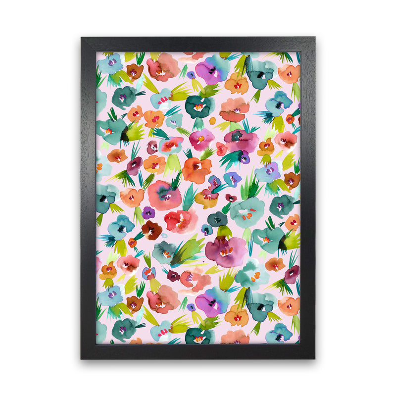 Tropical Watercolor Flowers Abstract Art Print by Ninola Design Black Grain