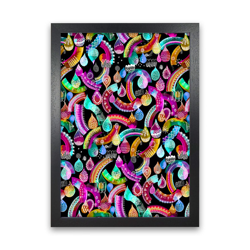 Rainbow Lace Neon Kids Abstract Art Print by Ninola Design Black Grain