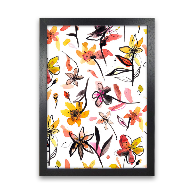 Ink Flowers Yellow Abstract Art Print by Ninola Design Black Grain