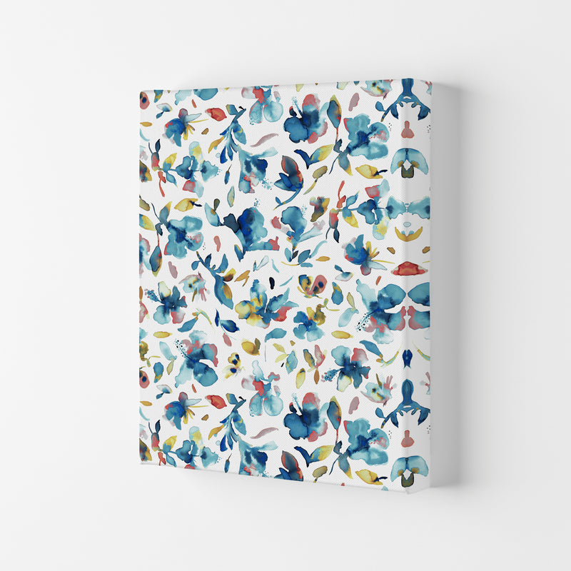 Watery Hibiscus Blue Gold Abstract Art Print by Ninola Design Canvas