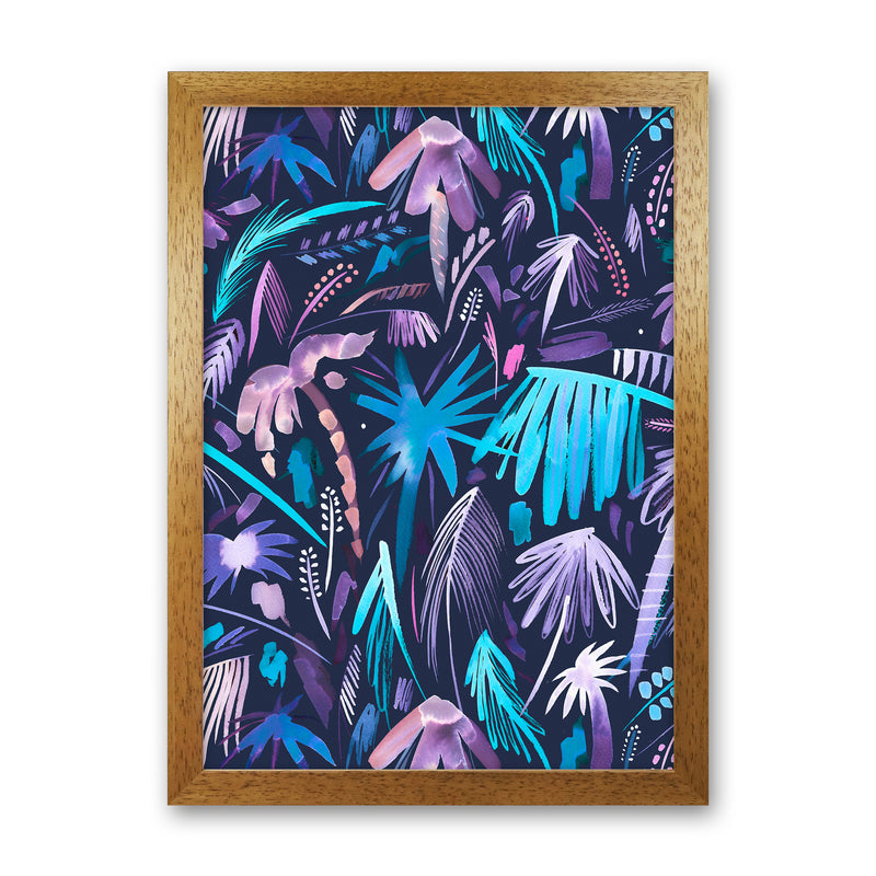 Brushstrokes Tropical Palms Navy Abstract Art Print by Ninola Design Oak Grain