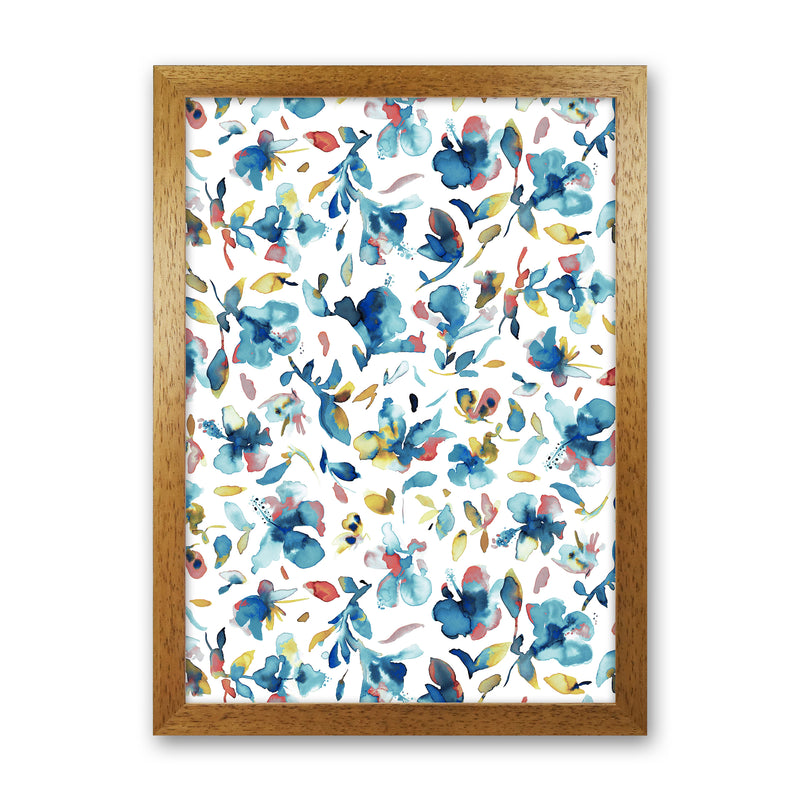 Watery Hibiscus Blue Gold Abstract Art Print by Ninola Design Oak Grain