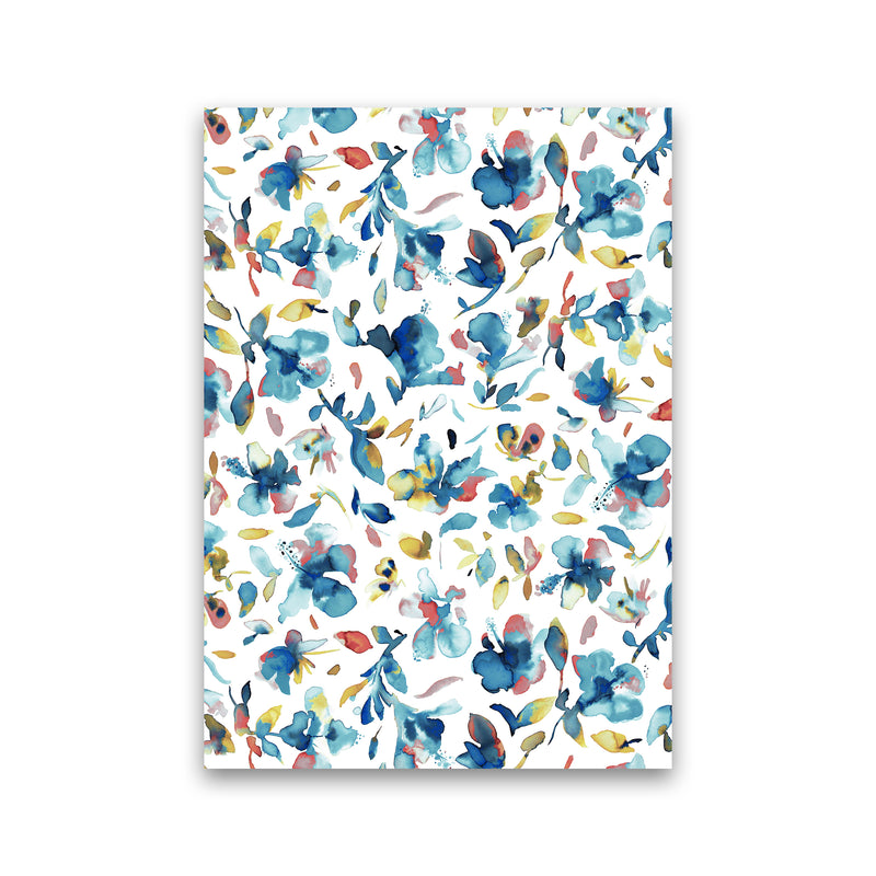 Watery Hibiscus Blue Gold Abstract Art Print by Ninola Design Print Only