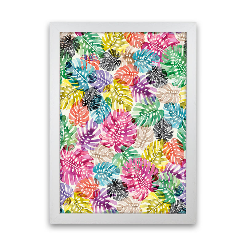 Tropical Monstera Leaves Multicolored Abstract Art Print by Ninola Design White Grain