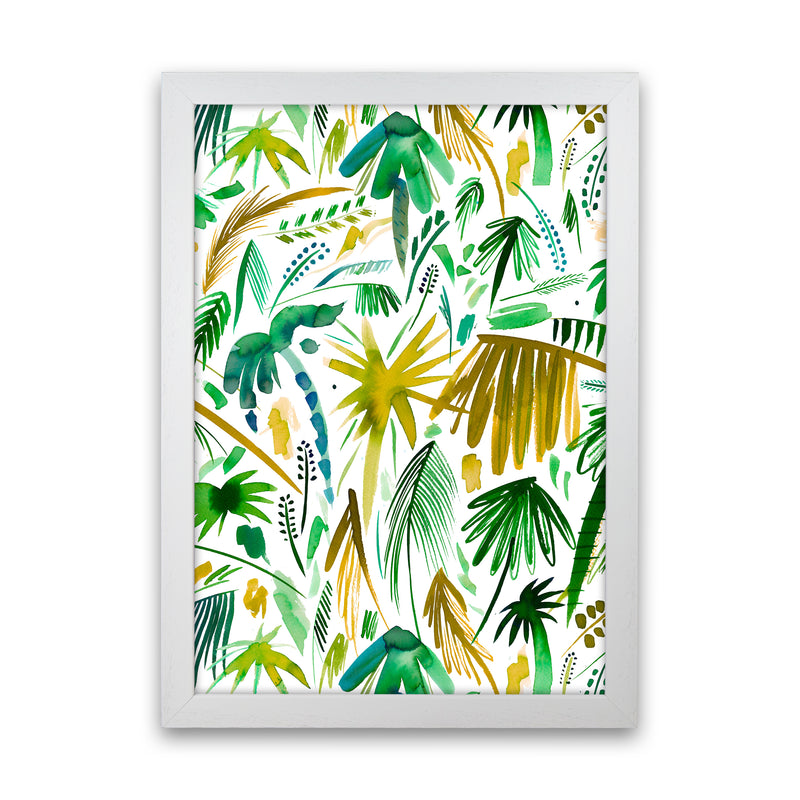 Brushstrokes Tropical Palms Green Abstract Art Print by Ninola Design White Grain
