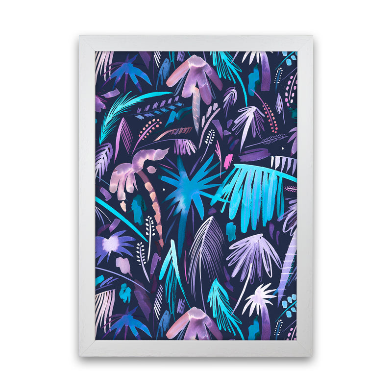 Brushstrokes Tropical Palms Navy Abstract Art Print by Ninola Design White Grain