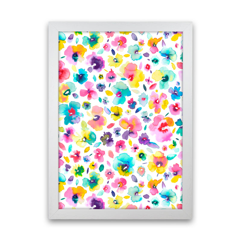 Tropical Flowers Multicolored Abstract Art Print by Ninola Design White Grain