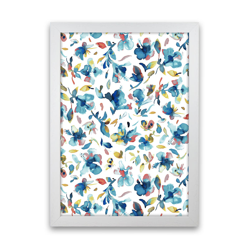 Watery Hibiscus Blue Gold Abstract Art Print by Ninola Design White Grain