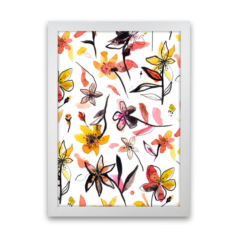 Ink Flowers Yellow Abstract Art Print by Ninola Design White Grain