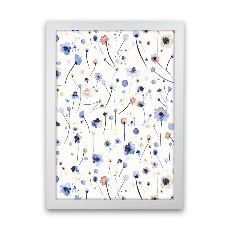 Blue Soft Flowers Abstract Art Print by Ninola Design White Grain