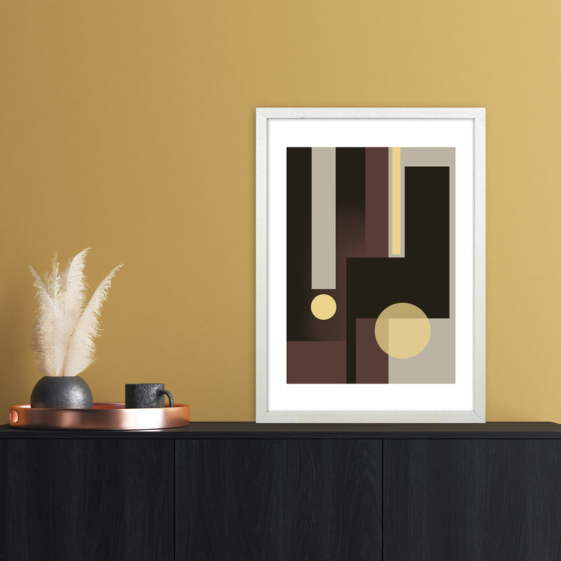 Grey Brown & Yellow Abstract Art Print by Nordic Creators A2 Oak Frame