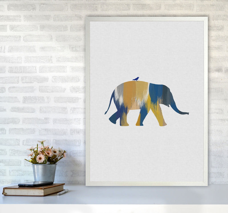 Elephant Blue & Yellow Print By Orara Studio Animal Art Print A1 Oak Frame