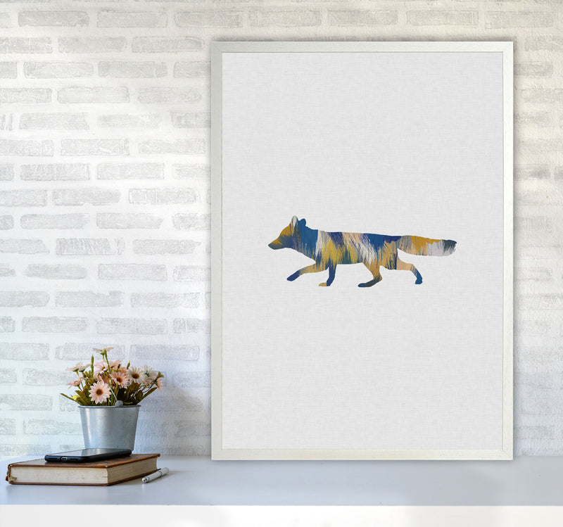 Fox Blue & Yellow Print By Orara Studio Animal Art Print A1 Oak Frame