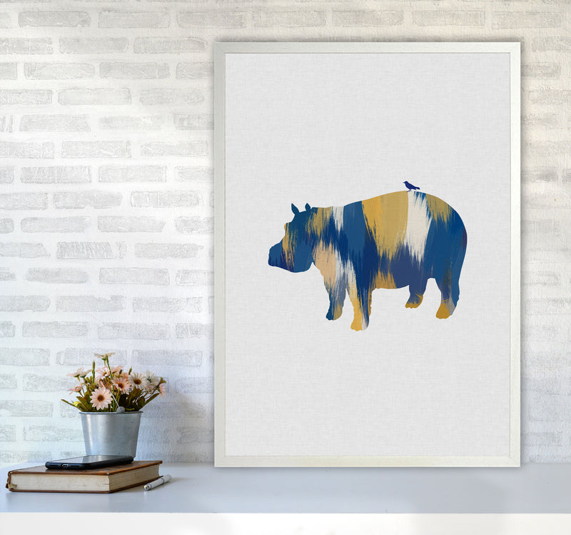 Hippo Blue & Yellow Print By Orara Studio Animal Art Print A1 Oak Frame