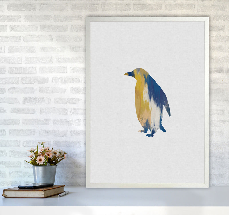 Penguin Blue & Yellow Print By Orara Studio Animal Art Print A1 Oak Frame