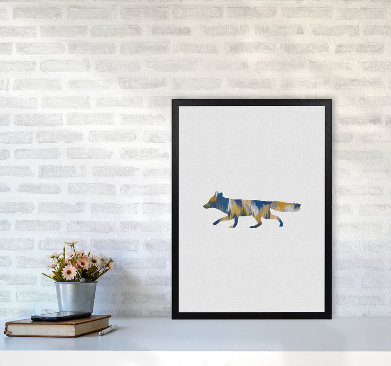 Fox Blue & Yellow Print By Orara Studio Animal Art Print A2 White Frame