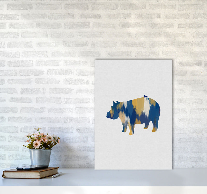 Hippo Blue & Yellow Print By Orara Studio Animal Art Print A2 Black Frame