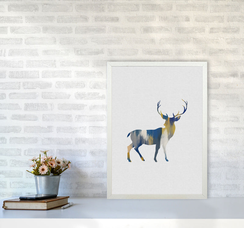 Deer Blue & Yellow Print By Orara Studio Animal Art Print A2 Oak Frame