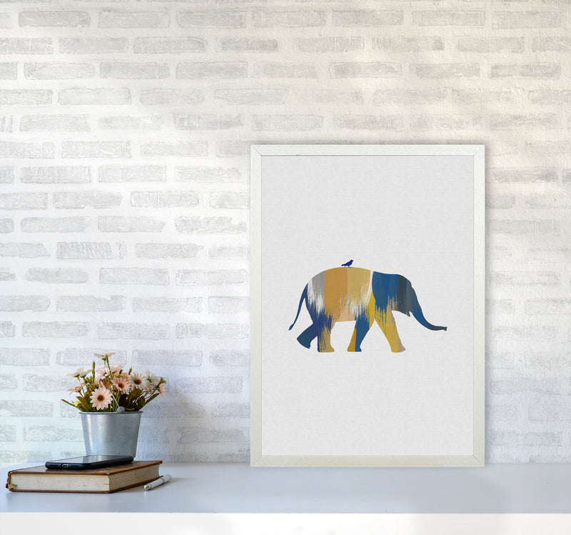 Elephant Blue & Yellow Print By Orara Studio Animal Art Print A2 Oak Frame