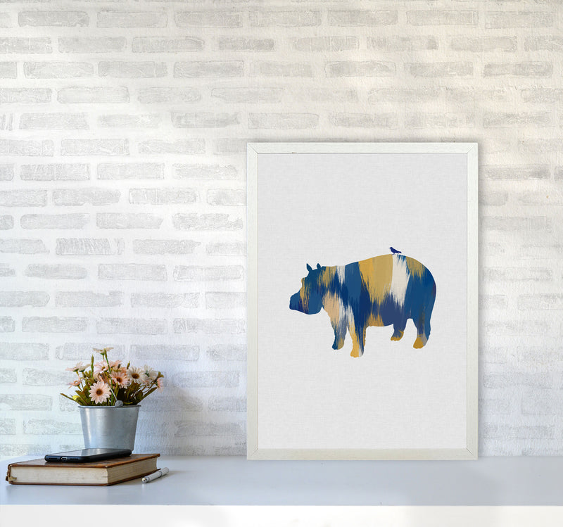 Hippo Blue & Yellow Print By Orara Studio Animal Art Print A2 Oak Frame