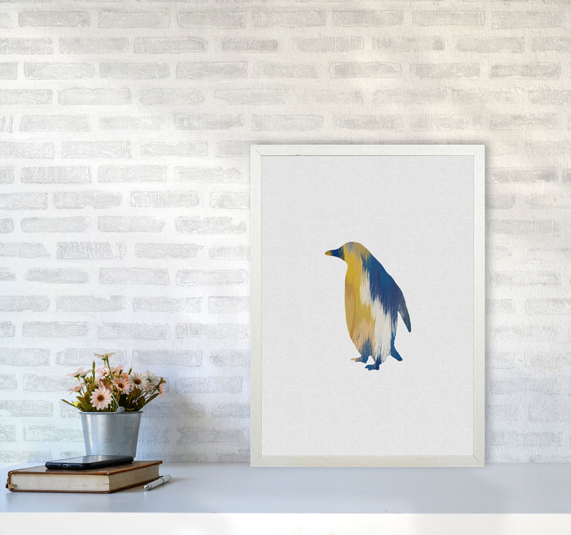 Penguin Blue & Yellow Print By Orara Studio Animal Art Print A2 Oak Frame