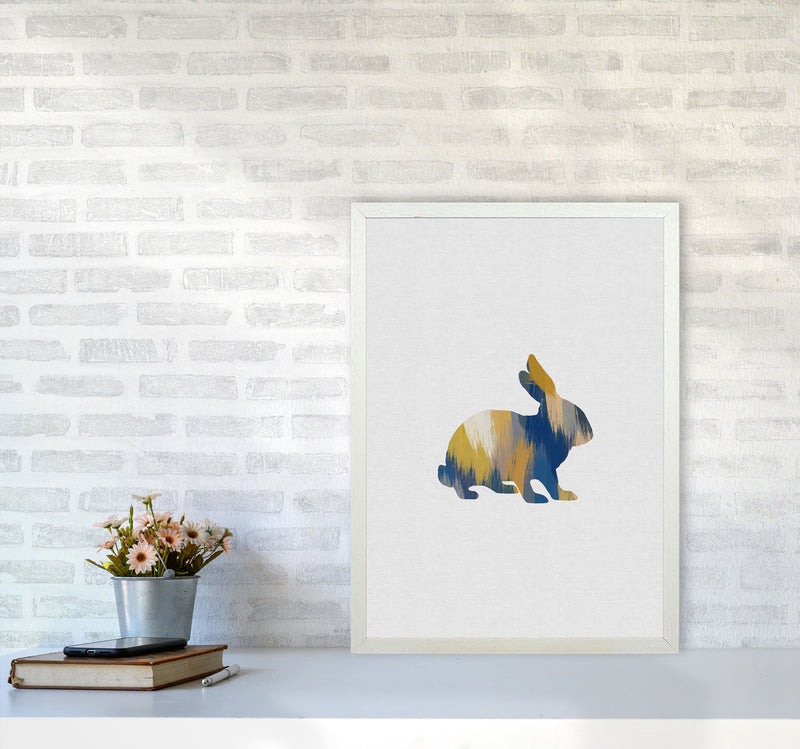 Rabbit Blue & Yellow Print By Orara Studio Animal Art Print A2 Oak Frame