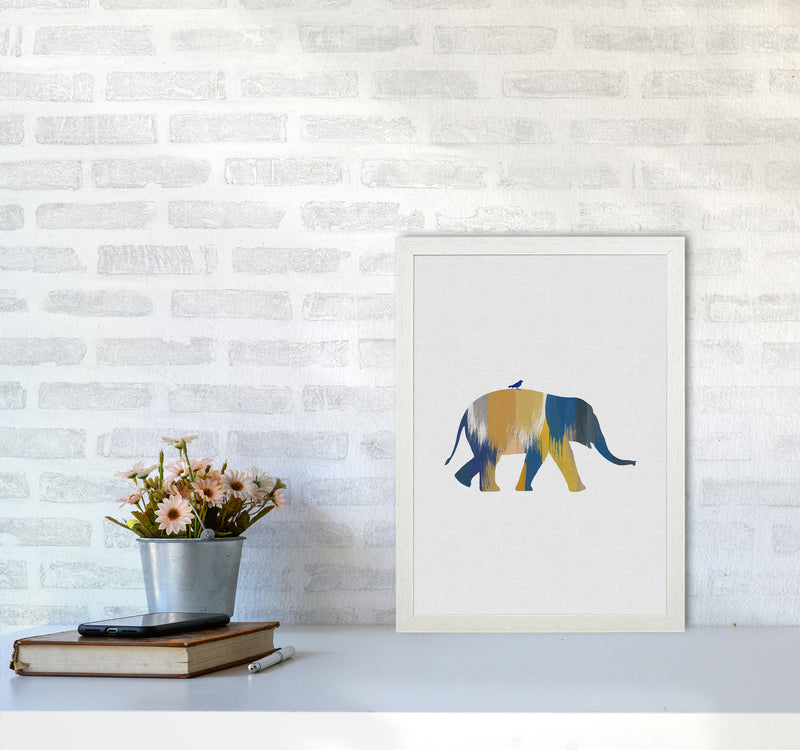 Elephant Blue & Yellow Print By Orara Studio Animal Art Print A3 Oak Frame