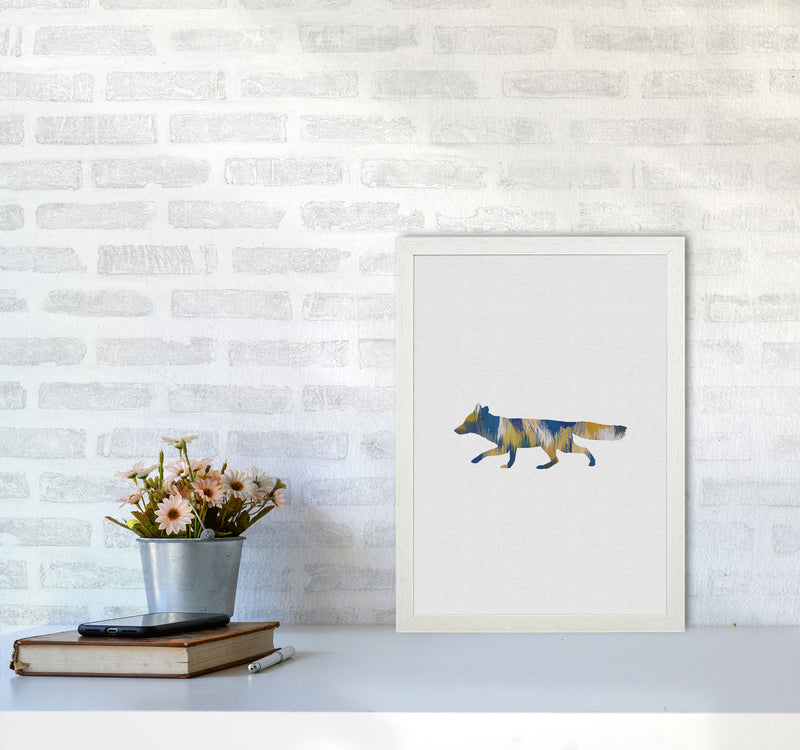 Fox Blue & Yellow Print By Orara Studio Animal Art Print A3 Oak Frame