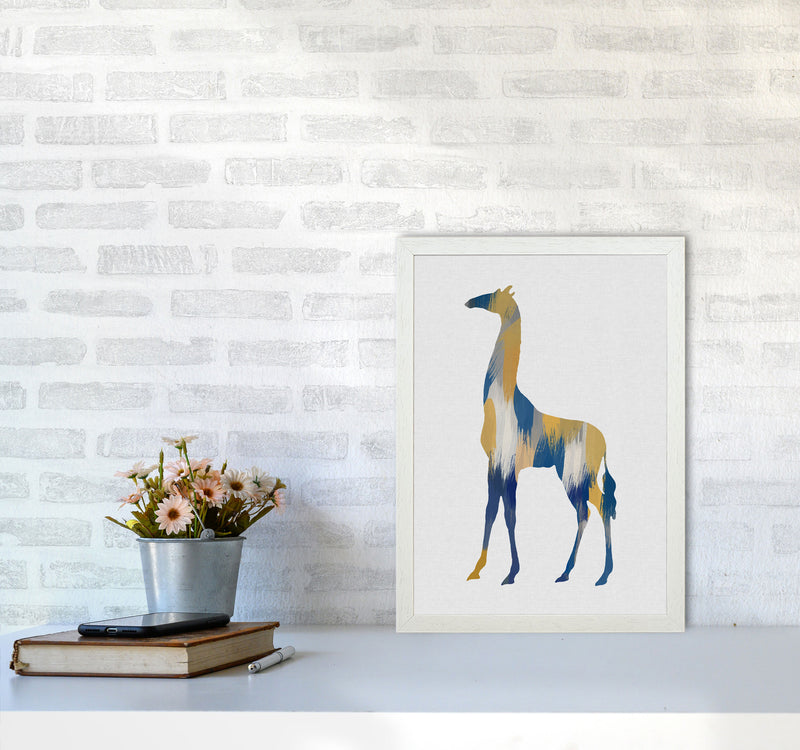 Giraffe Blue & Yellow Print By Orara Studio Animal Art Print A3 Oak Frame