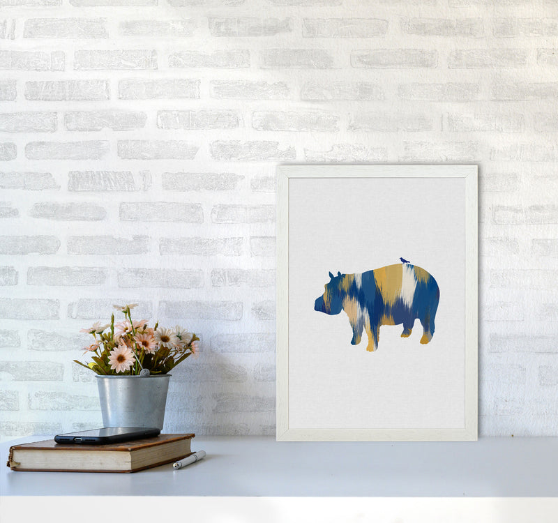 Hippo Blue & Yellow Print By Orara Studio Animal Art Print A3 Oak Frame