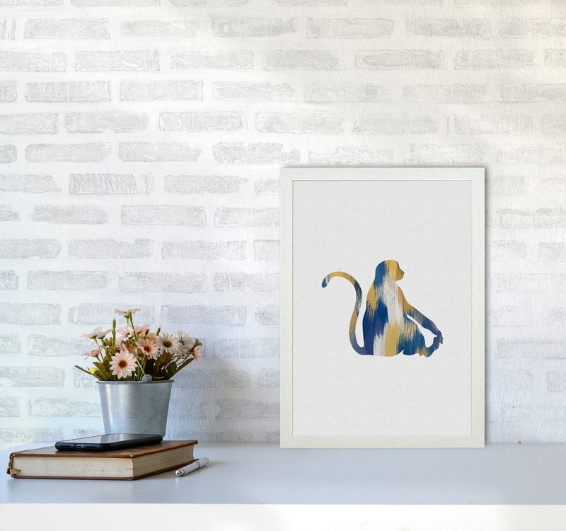 Monkey Blue & Yellow Print By Orara Studio Animal Art Print A3 Oak Frame