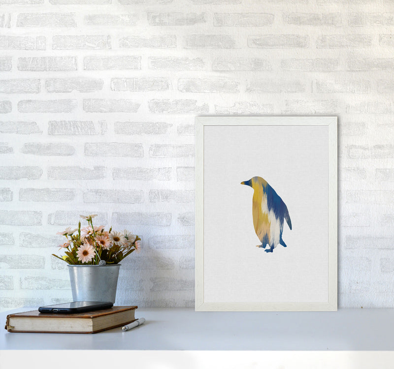 Penguin Blue & Yellow Print By Orara Studio Animal Art Print A3 Oak Frame