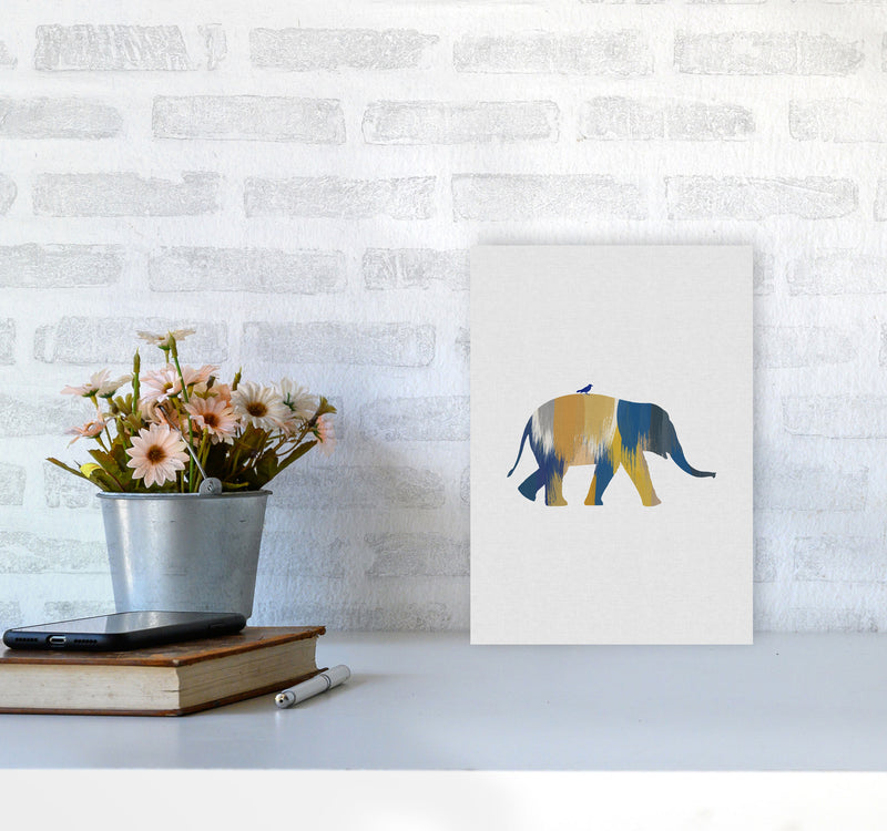 Elephant Blue & Yellow Print By Orara Studio Animal Art Print A4 Black Frame