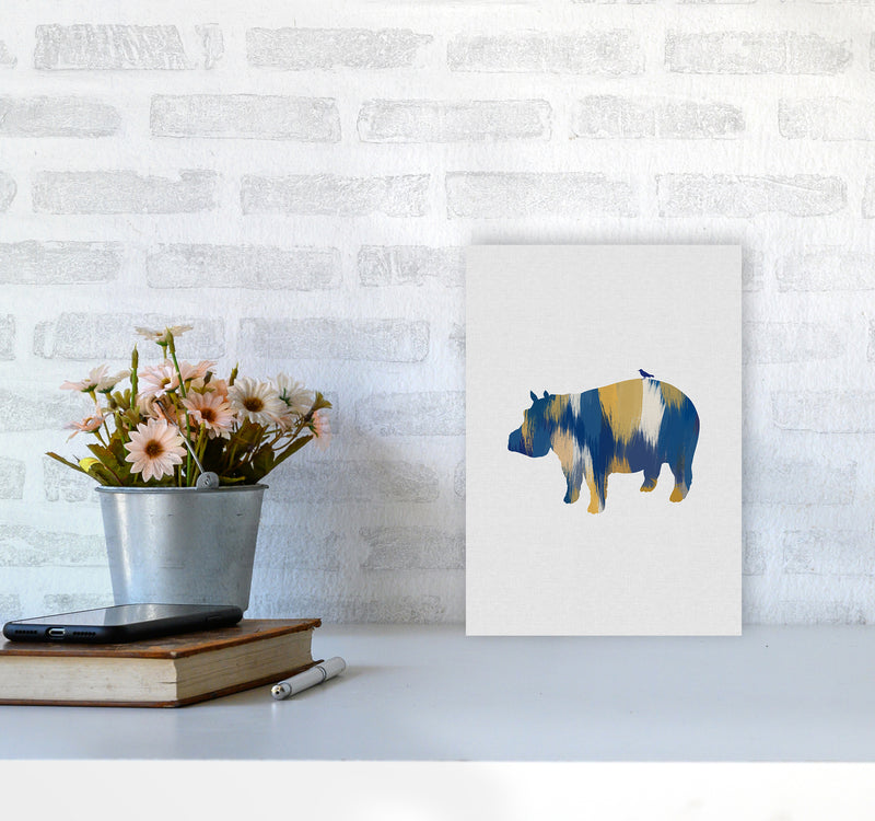 Hippo Blue & Yellow Print By Orara Studio Animal Art Print A4 Black Frame