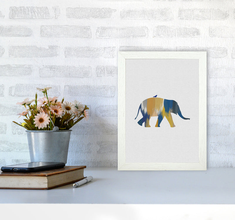 Elephant Blue & Yellow Print By Orara Studio Animal Art Print A4 Oak Frame