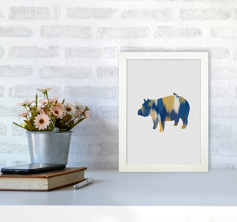 Hippo Blue & Yellow Print By Orara Studio Animal Art Print A4 Oak Frame