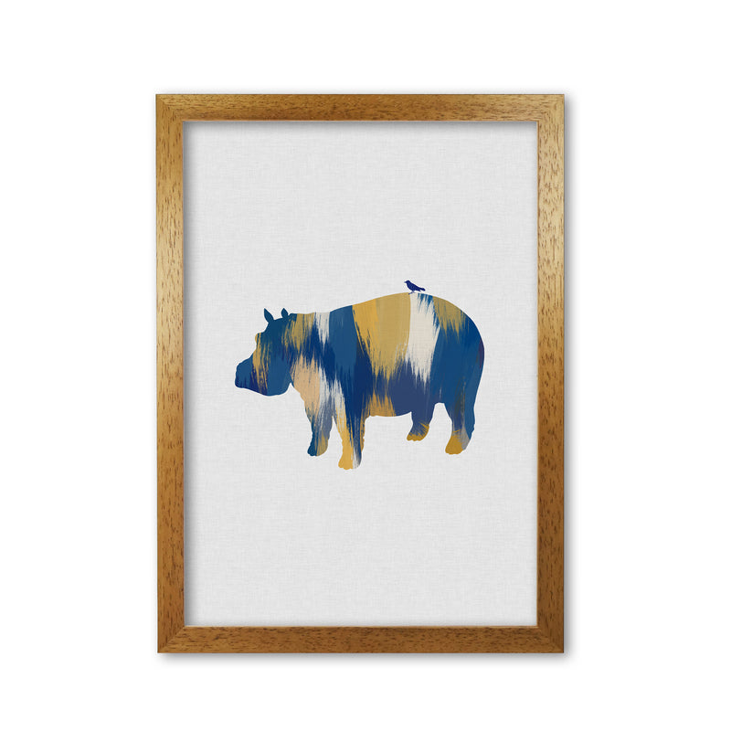 Hippo Blue & Yellow Print By Orara Studio Animal Art Print Oak Grain