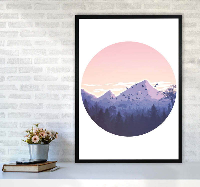 Pink Mountains Circle Abstract Modern Print A1 White Frame