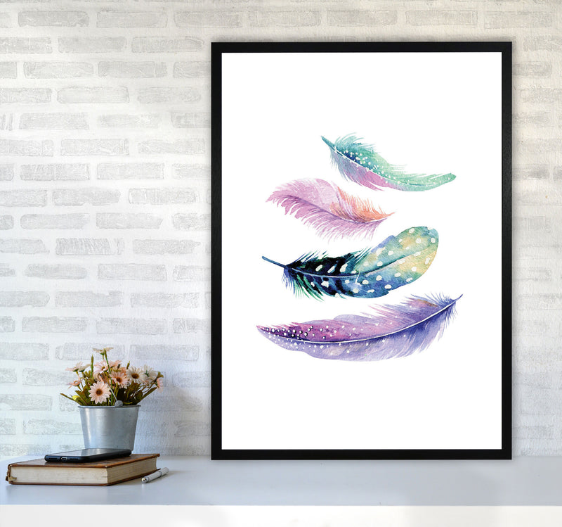 Turquoise And Purple Bird Feathers Abstract Modern Print A1 White Frame