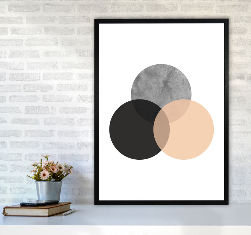 Peach And Black Abstract Circles Modern Print A1 White Frame