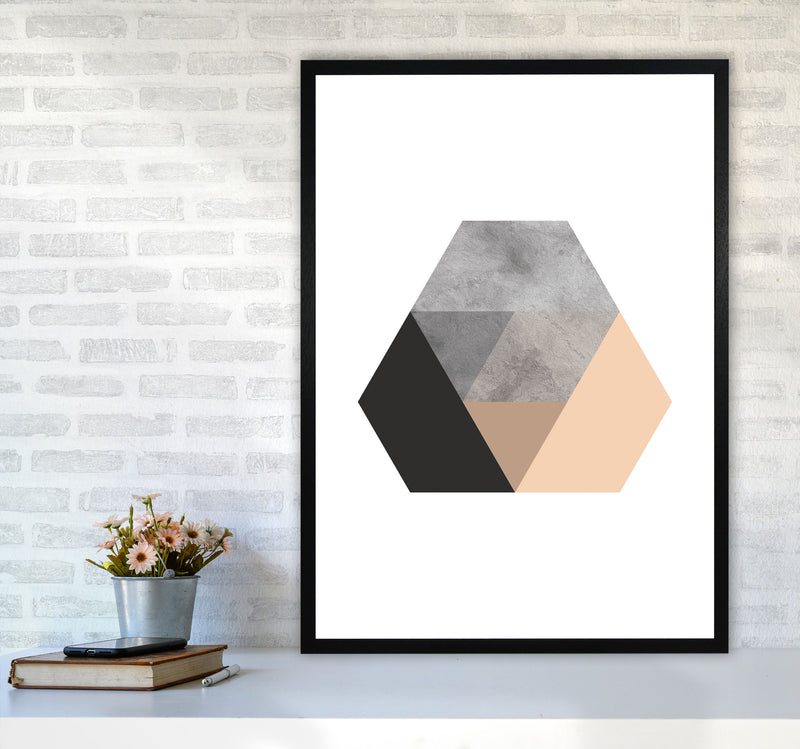 Peach And Black Abstract Hexagon Modern Print A1 White Frame