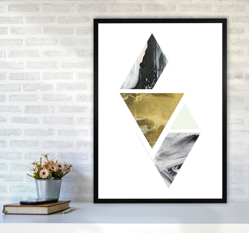 Textured Peach, Green And Grey Abstract Triangles Modern Print A1 White Frame