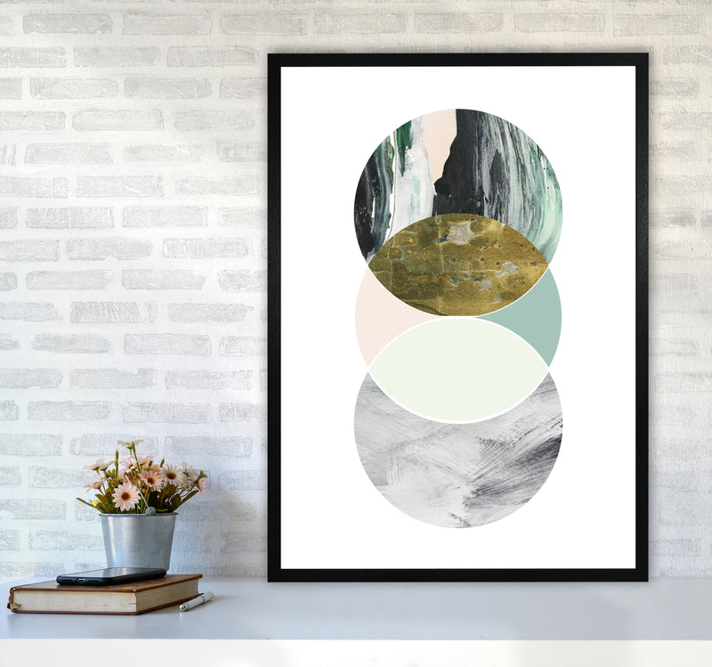Textured Peach, Green And Grey Abstract Circles Modern Print A1 White Frame
