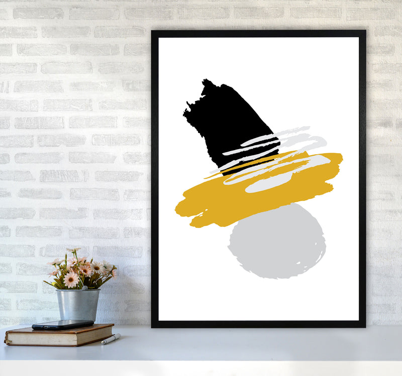 Mustard And Black Abstract Paint Shapes Modern Print A1 White Frame