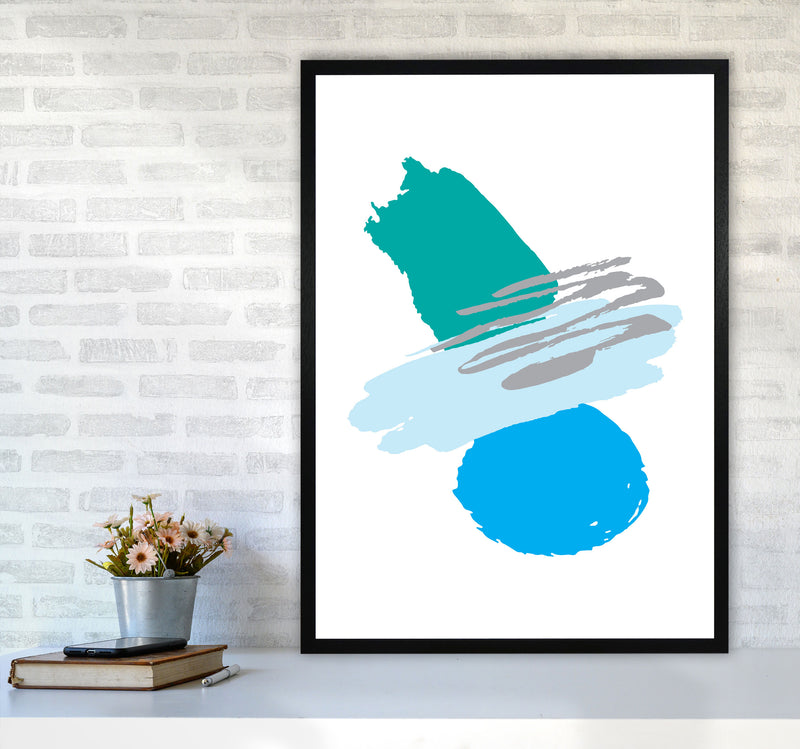 Blue And Teal Abstract Paint Shapes Modern Print A1 White Frame